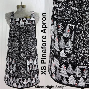 Silent Night Holiday Script Pinafore with no ties, Relaxed Fit Smock with pockets, smallest size fits XS/S/M, Christmas apron ready to ship now