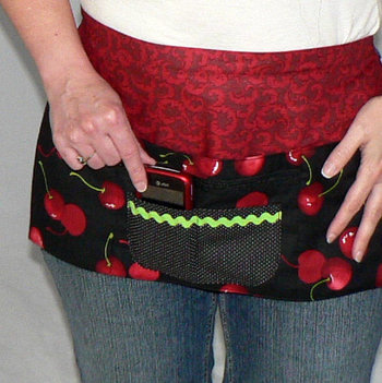 Sweet Cherry Multi-Pocket Half Apron with Secure Zipper Pocket; ready to ship, fits waist up to 40"