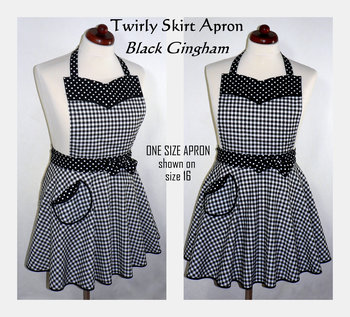Black Gingham Twirly Skirt Apron, retro 50s circle skirt apron + sweetheart neckline, flirty kitchen apron with pocket, made to order
