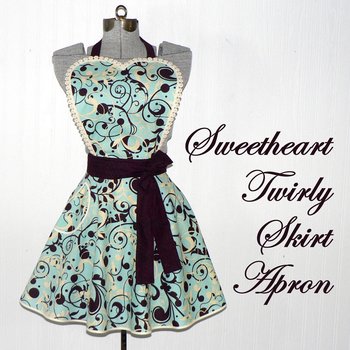 Aqua Swirl Twirly Skirt Apron with heart bib, vintage-style kitchen apron, diner style accessory, hostess apron, ready to ship