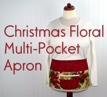 Christmas Floral Multi-Pocket Teacher Apron, Xmas Vendor Apron with money pocket, MADE to ORDER fits waists up to 40"