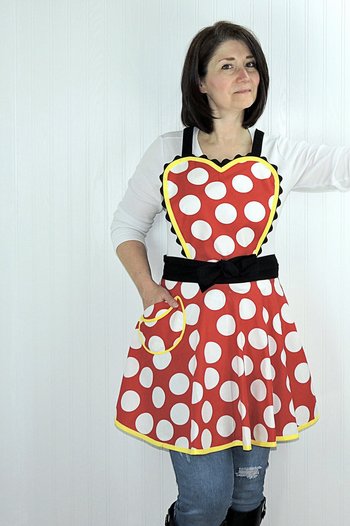 Red Polka Dot Twirly Skirt Apron with heart-shaped bib, flirty kitchen apron, delightful Minnie cosplay apron- ready to ship