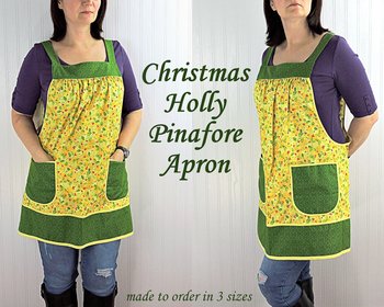 XS- 5X Christmas HOLLY Pinafore Apron with no ties, relaxed fit smock with pockets, holiday entertaining Xmas hostess