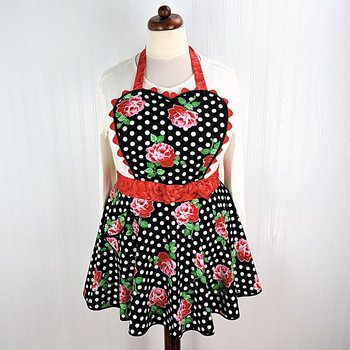 Retro 50s Twirly Skirt Apron (Polka Dots & Roses on black) heart-shaped bib, flirty photo prop, ready to ship gift for her