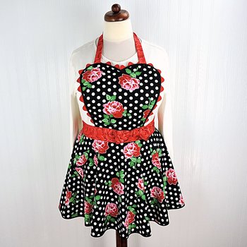 SHIPS FAST~ Retro 50s Twirly Skirt Apron (Polka Dots & Roses on black) heart-shaped bib, flirty photo prop, ready to ship gift for her