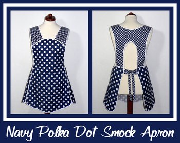 Navy Blue Polka Dot Retro 50s Smock, relaxed fit H-back apron (no ties at neck) XS to 4X made to order w/ pocket options