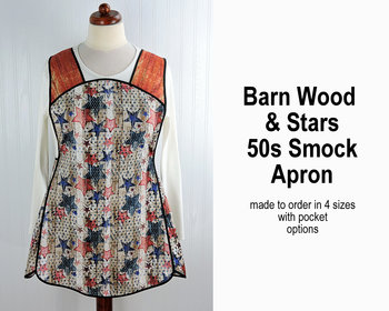 Patriotic Barn Wood and Stars Retro 50s Smock Apron, relaxed fit H-back style doesn't touch neck, LAST ONE made to order