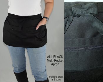 All Black Multi-Pocket Apron (Teacher + Vendor + Gardener + Photographer) Waitress Apron with zipper pocket, 2 sizes