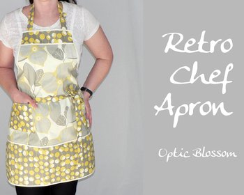 Optic Blossom Retro Chef Apron with pocket, pretty hostess apron, retro kitchen decor, typical one-size-fits-most
