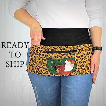 Leopard Print Santa Multi-Pocket Teacher Apron, Christmas Vendor Apron with money pocket, ready to ship fits waists up to 40"