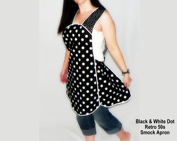 Black and White Polka Dot Retro 50s Smock Apron, relaxed fit "H-back" doesn't touch neck, XS - 4X  w/ pocket options