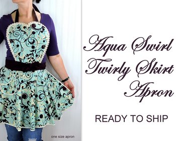 Aqua Swirl Twirly Skirt Apron with heart bib, vintage-style kitchen apron, diner style accessory, hostess apron, ready to ship