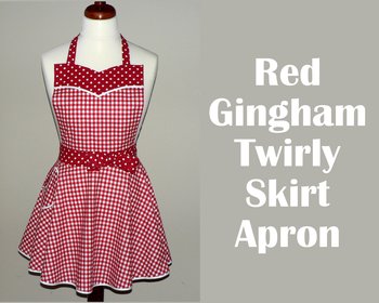 Red Gingham Twirly Skirt Apron with circle skirt + sweetheart neckline, flirty kitchen apron with pocket, retro diner style, one size