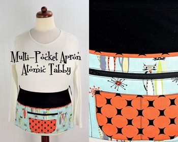 SHIPS FAST~ Atomic Tabby Cat Apron (teacher, waitress, artist) multi-pocket apron with zipper section, ready to ship fits waists up to 40"