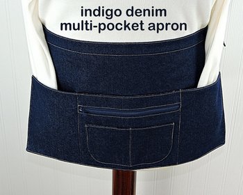 SHIPS FAST~ Indigo Denim Half Apron, sturdy 6 Pocket Waitress Apron with zipper pocket, ONE apron fits waists up to 40" ready to ship