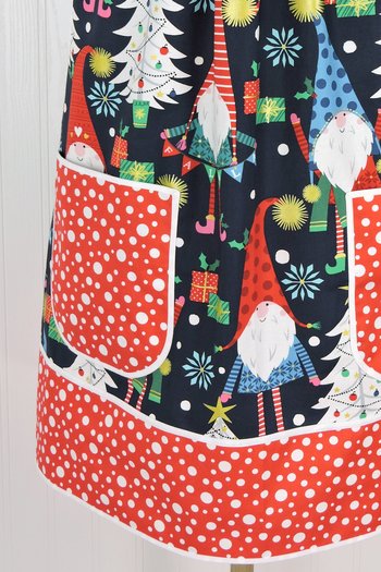 XS - 5X Plus Size Christmas Gnomes Pinafore with no ties, relaxed fit smock with pockets, over the head apron