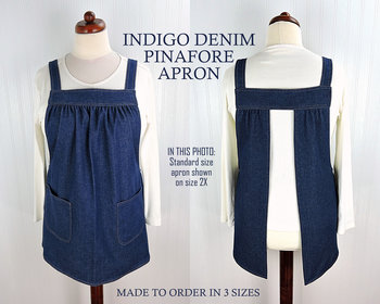 Indigo Denim Pinafore Apron with no ties (relaxed fit) very sturdy artist smock with pockets, made-to-order XS to 5X