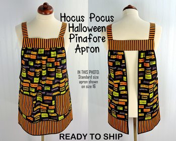 SHIPS FAST~ Hocus Pocus Halloween Pinafore Apron with no ties fits L/XL/2X , relaxed fit smock with pockets ready to ship