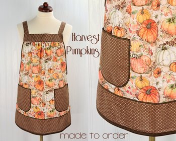 XS - 5X Harvest Pumpkins Pinafore with no ties, relaxed fit smock with pockets, fall apron, Susan Winget Harvest