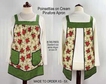 Poinsettias on Cream Pinafore with no ties, XS - 5X relaxed fit smock with pockets, Christmas Floral Apron made to order