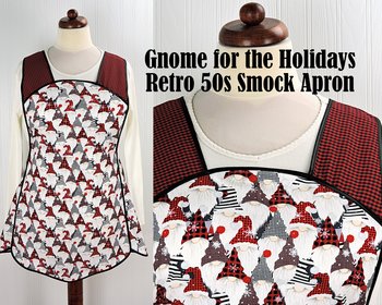 XS-4X Gnome for the Holidays Retro 50s Christmas Smock, black+white+red relaxed fit H-back apron w/ optional pockets