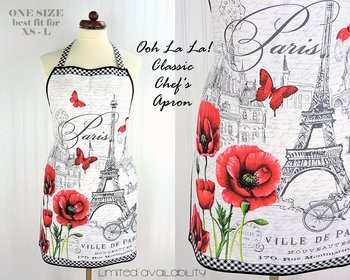 Ooh La La! Retro Chef Apron, pretty hostess apron, romantic Paris Toile with poppies and the Eiffel Tower, ties at neck and waist