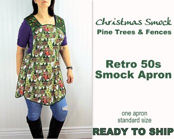 SHIPS FAST~ Retro 50s Christmas Smock, Pine Trees and Fences with old Red Trucks relaxed fit H-back apron, fits L/XL ready to ship