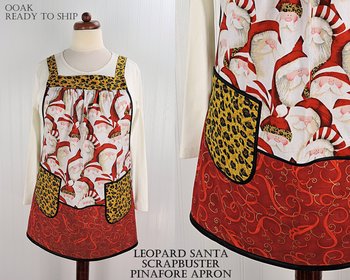Delightful Leopard Santa Scrapbuster Pinafore with no ties, relaxed fit smock with pockets fits L/XL/2X ready to ship now