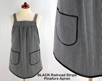 SHIPS FAST~ Black Railroad Stripe Denim Pinafore with no ties, relaxed fit apron, artist smock with pockets, last one L/XL/2X ready to ship
