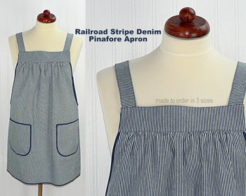 Indigo Railroad Stripe Denim Pinafore with no ties, relaxed fit blue jean apron, sturdy artist smock XS to 5X