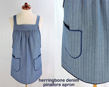 Herringbone Stripe Denim Pinafore with no ties, relaxed fit denim apron, very sturdy artist smock w/ pockets XS to 5X