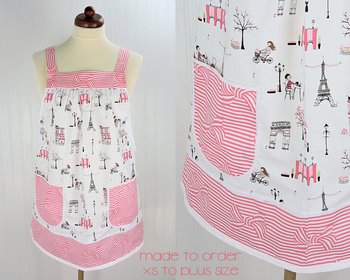 Romantic Paris Valentine Pinafore Apron with no ties, relaxed fit smock apron with pockets, LAST ONE made to order
