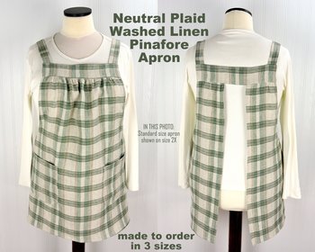 Neutral Plaid Washed Linen Pinafore Apron with no ties, 100% linen smock with pockets, made to order XS - Plus sizes