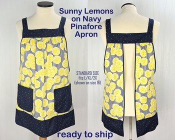 SHIPS FAST~ Sunny Lemons on Navy Pinafore Apron with no ties, relaxed fit smock apron with pockets, fits L/XL/2X Ready to Ship