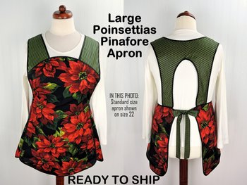 Retro 50s Christmas Smock, Large Poinsettias on Black relaxed fit H-back apron, 1st sample available (fits L/XL) ready to ship