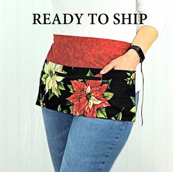 Red Tis the Season Poinsettia Multi-Pocket Teacher Apron, Xmas Vendor Apron with money pocket, Ready to Ship fits waist up to 40"