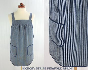 Hickory Stripe Denim Pinafore with no ties, relaxed fit blue jean apron, sturdy artist smock with pockets XS to 5X