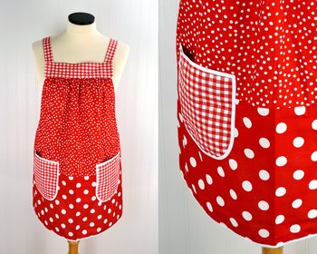 Red & White Scrapbuster Pinafore, relaxed fit smock with pockets, comfortable (doesn't touch neck), ready to ship, fits L/XL/2X