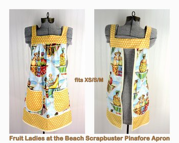 SHIPS FAST~ XS/S/M Fruit Ladies at the Beach Scrapbuster Pinafore, retro smock with pockets, no tie apron doesn't touch neck, ready to ship