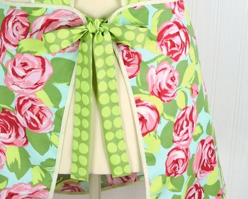 Tumble Roses in Green & Pink Retro Smock Apron, relaxed fit with no neck ties (H-back apron) XS - 4X with opt pockets