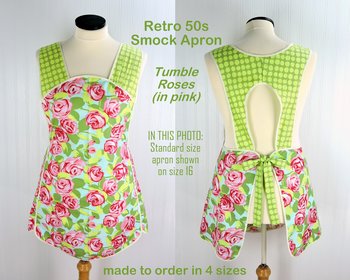 Tumble Roses in Green & Pink Retro Smock Apron, relaxed fit with no neck ties (H-back apron) XS - 4X with opt pockets