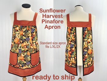 SHIPS FAST~ Sunflower Harvest Pinafore with no ties, relaxed fit smock with pockets, fall vegetables & fruit, fits L/XL/2X, ready to ship