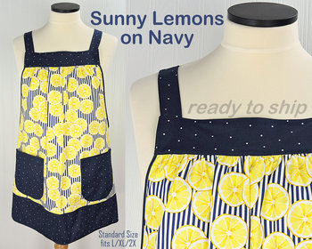 SHIPS FAST~ Sunny Lemons on Navy Pinafore Apron with no ties, relaxed fit smock apron with pockets, fits L/XL/2X Ready to Ship