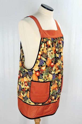 Sunflower Harvest Pinafore with no ties, relaxed fit smock with pockets, fall vegetables & fruit, fits L/XL/2X, ready to ship