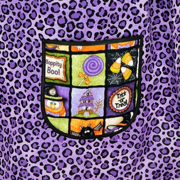 Purple Boppity Boo Halloween Pinafore Apron with no ties fits L/XL/2X, relaxed fit smock with pockets, ready to ship now