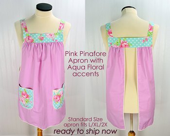 Delightful Pink Pinafore with aqua floral accents, relaxed fit smock with pockets, no tie apron fits L/XL/2X, ready to ship now