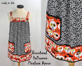 SHIPS FAST~ Bonehead Halloween Pinafore Apron with no ties, relaxed fit smock with pockets, skulls + bones apron fits L/XL/2X, Ready to Ship