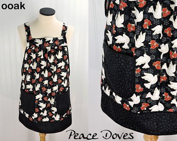 Peace Doves Pinafore with no ties, relaxed fit smock with pockets fits L/XL/2X, Christmas baking apron ready to ship now