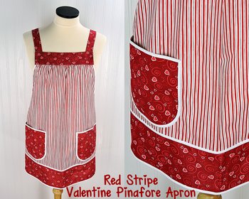 Red Stripe Valentine Pinafore with no ties, relaxed fit smock with pockets, standard size Red Heart Apron L/XL/2X, Ready to Ship