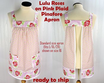 SHIPS FAST ~ Lulu Roses on Pink Plaid Pinafore with no ties, relaxed fit smock with pockets, Valentine Apron (fits L/XL/2X) Ready to Ship